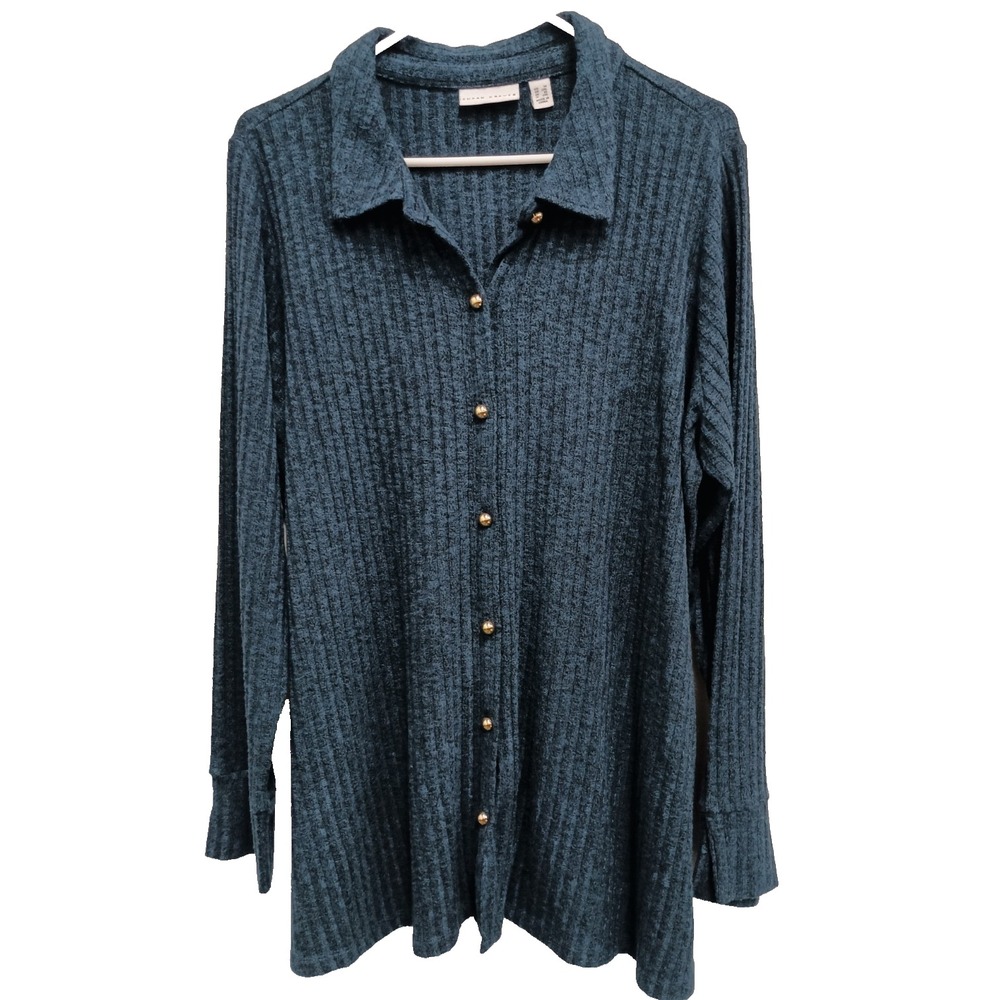 Susan Graver Shirt Womens Size 1X Blue Ribbed Soft Lagenlook Casual Button Up